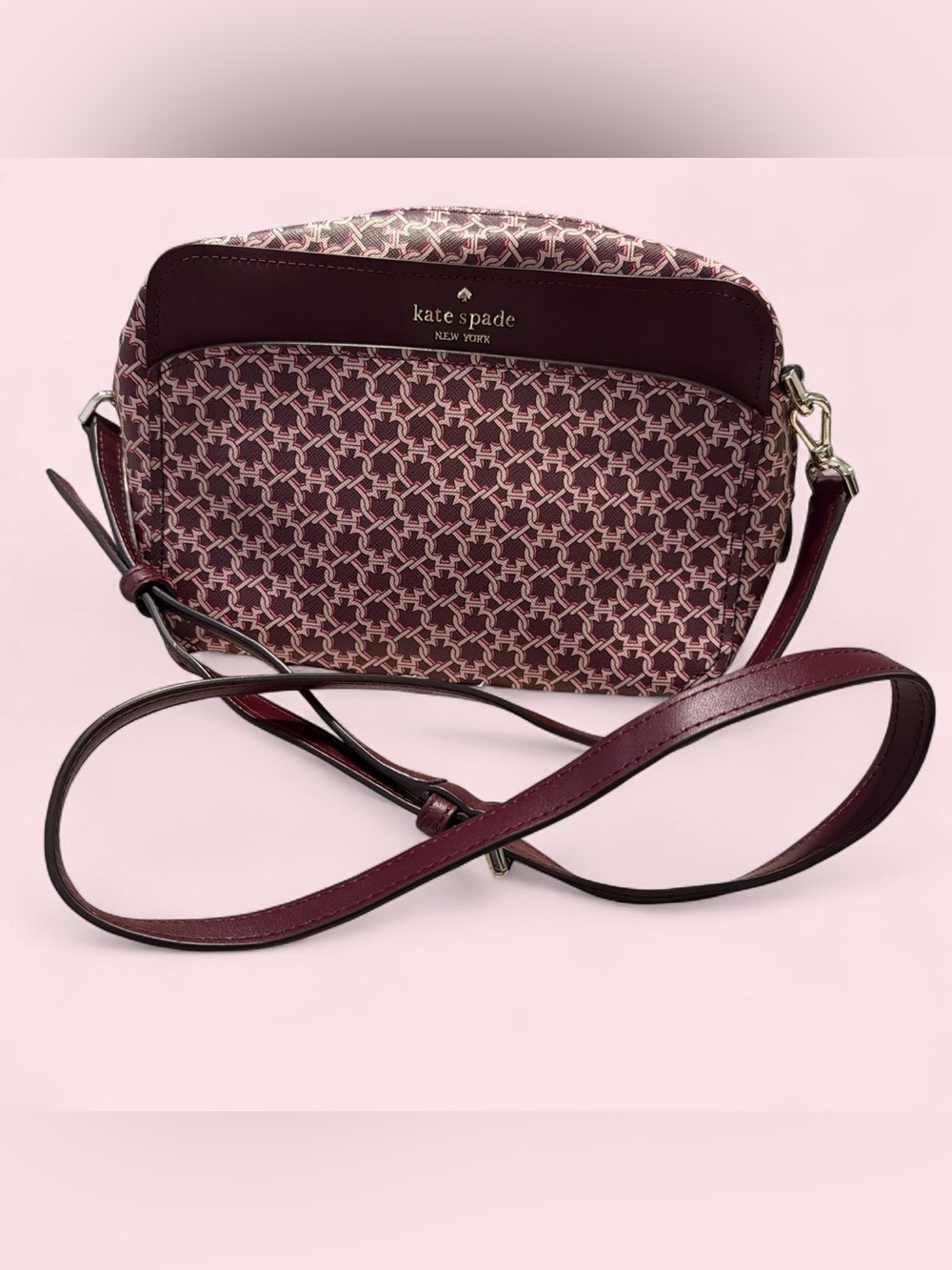 kate spade burgundy and pink patterned crossbody bag